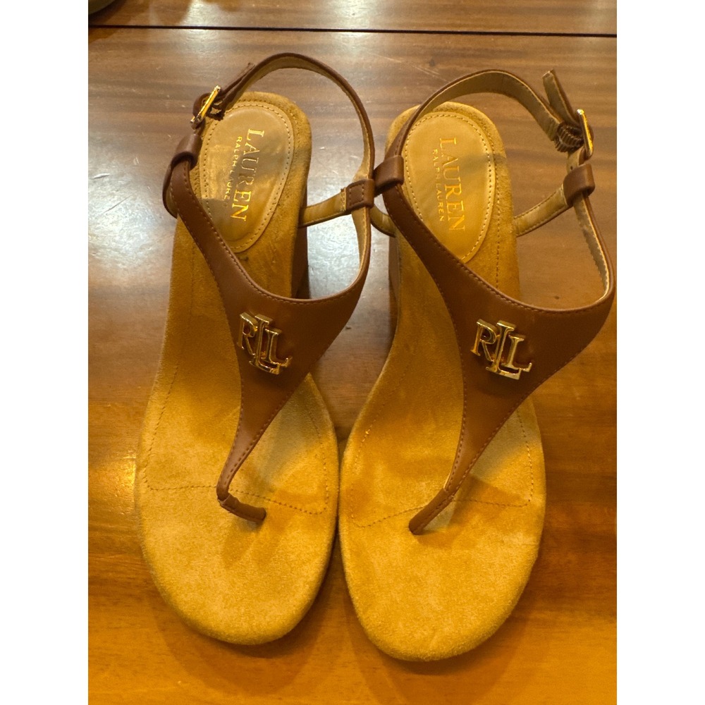 Lauren Ralph Lauren Jeannie Brown Wedge Sandals Gold RL Logo Womens 8 39 17602